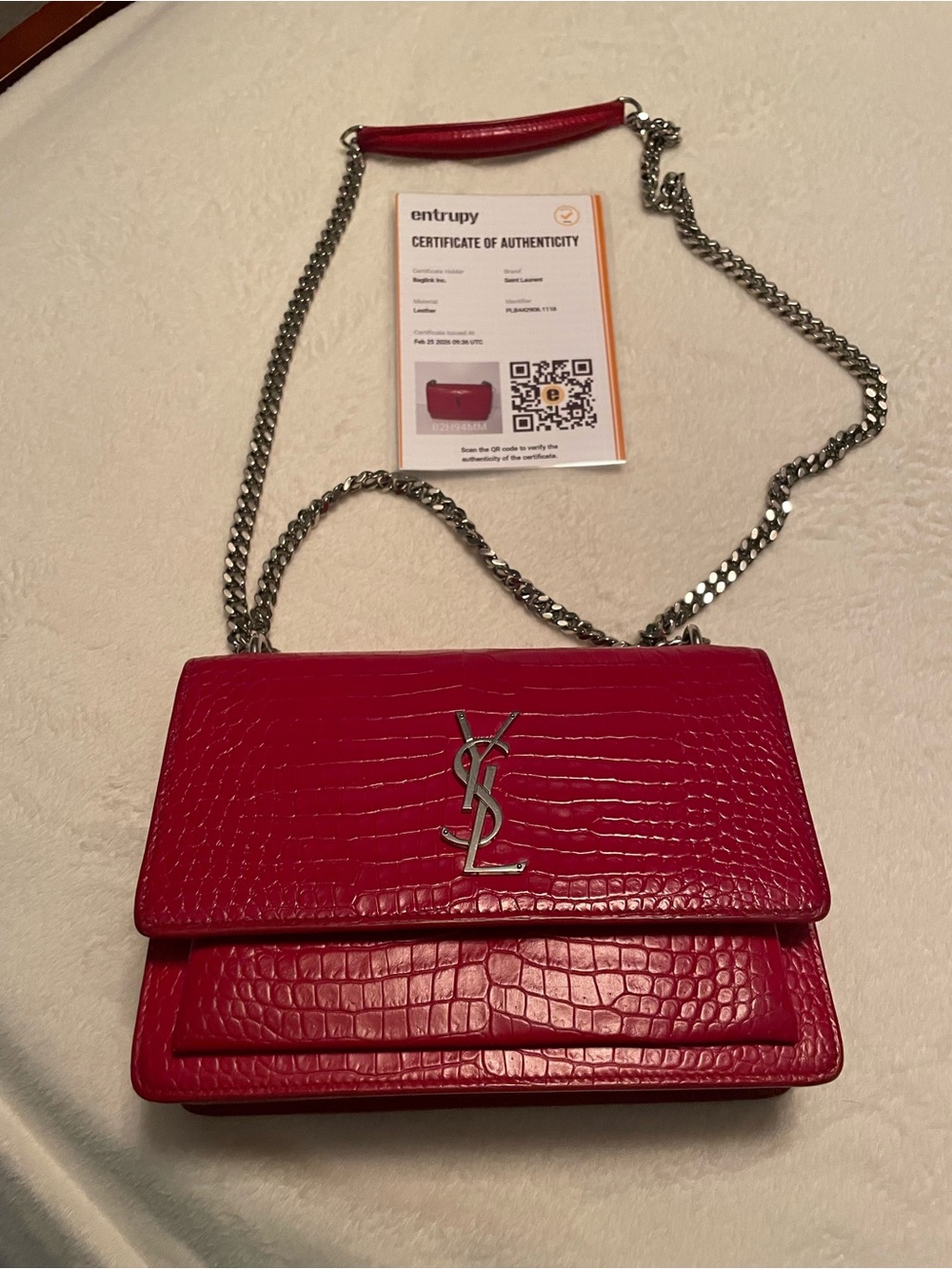 Yves Saint Laurent Red Croc-Embossed Leather Crossbody with Silver Hardware